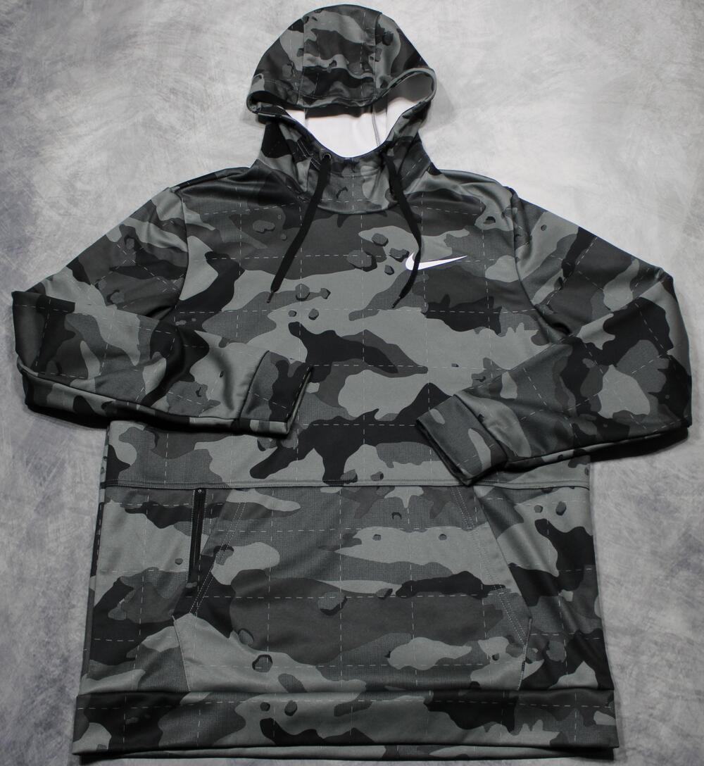 Nike Hoodie Mens Medium Gray Camo Therma-FIT Fleece Pullover Swoosh DD1757-084